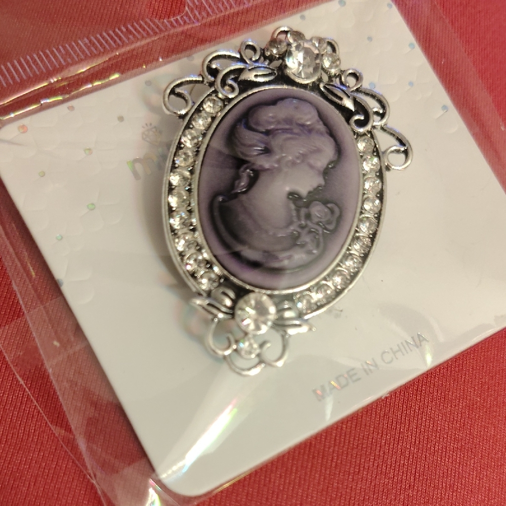 Elegant Silver and Purple Cameo Brooch